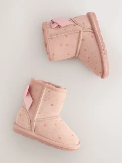 Pink Bow Water Repellent Tall Suede Pull On Boots