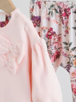 Pink/Cream Floral Baby Bow Sweaters and Leggings Set 2 Piece (0mths-2yrs)