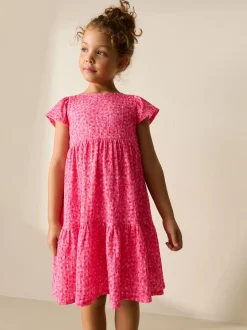 Pink Ditsy Angel Sleeve Crinkle Dress (3-16yrs)