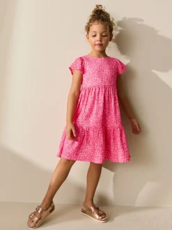 Pink Ditsy Angel Sleeve Crinkle Dress (3-16yrs)