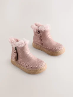 Pink Faux Fur Lined Zip Ankle Boots