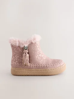 Pink Faux Fur Lined Zip Ankle Boots