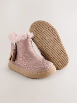 Pink Faux Fur Lined Zip Ankle Boots