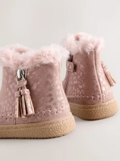 Pink Faux Fur Lined Zip Ankle Boots
