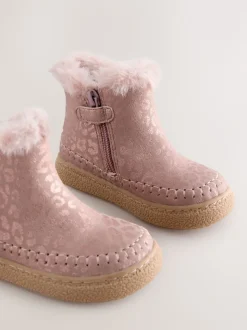 Pink Faux Fur Lined Zip Ankle Boots