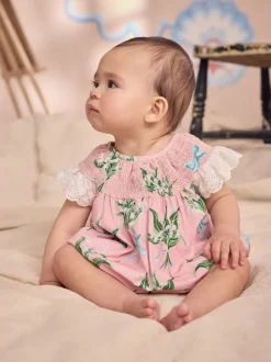 Pink Floral 100% Cotton Printed Baby Broderie Romper