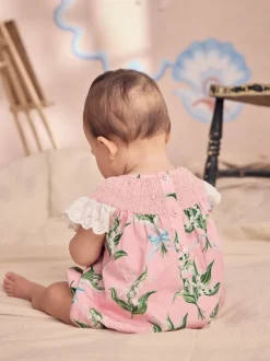 Pink Floral 100% Cotton Printed Baby Broderie Romper