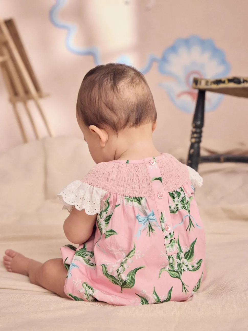 Pink Floral 100% Cotton Printed Baby Broderie Romper