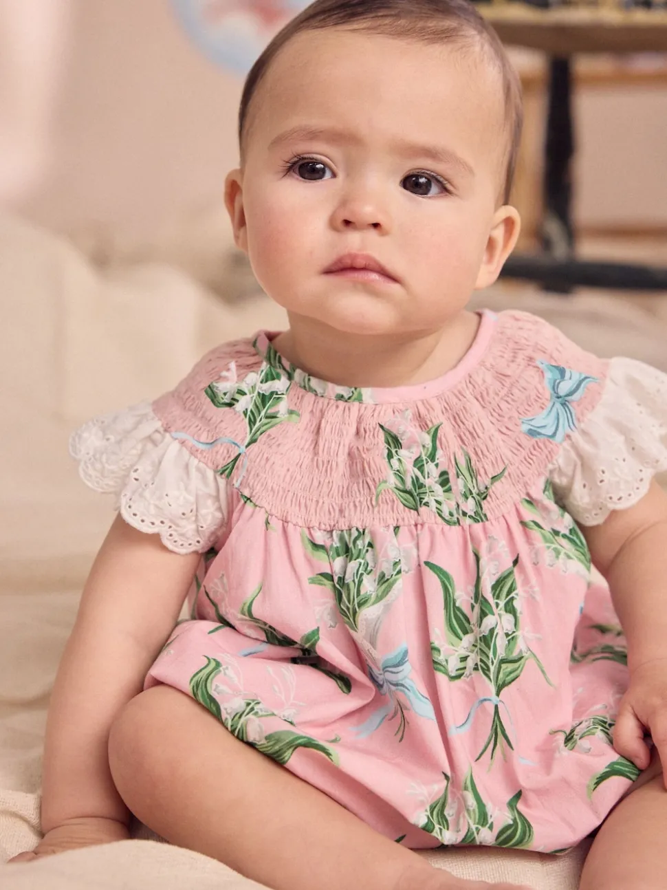 Pink Floral 100% Cotton Printed Baby Broderie Romper