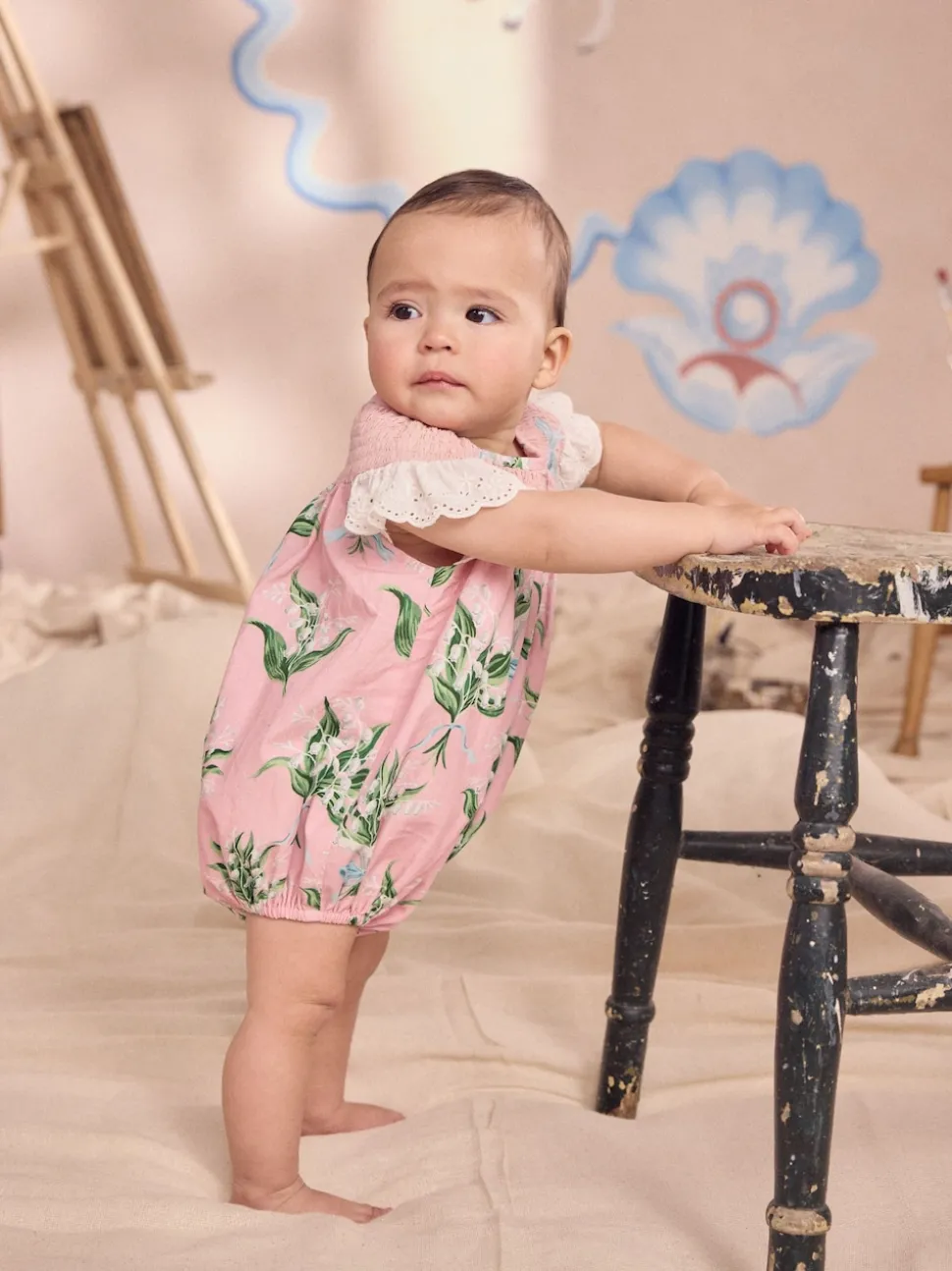 Pink Floral 100% Cotton Printed Baby Broderie Romper