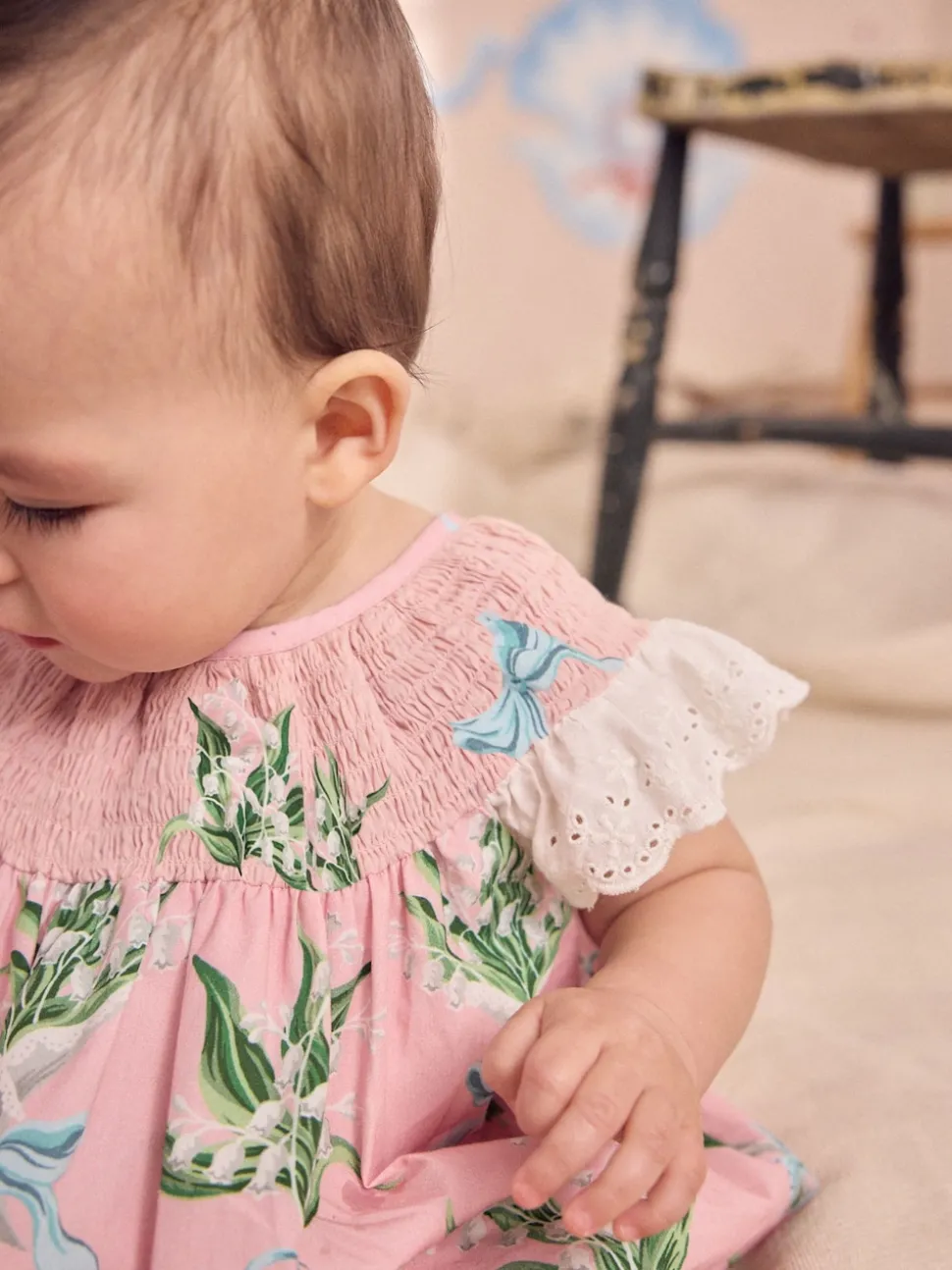 Pink Floral 100% Cotton Printed Baby Broderie Romper