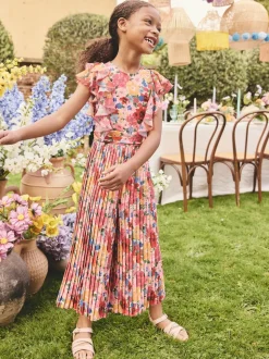 Pink Floral Short Sleeve Pleated Ruffle Jumpsuit (3-16yrs)