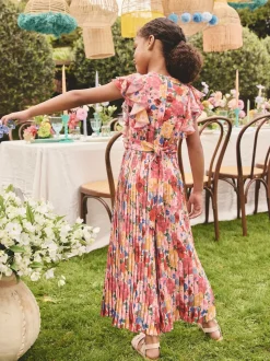 Pink Floral Short Sleeve Pleated Ruffle Jumpsuit (3-16yrs)
