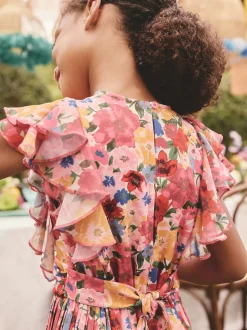 Pink Floral Short Sleeve Pleated Ruffle Jumpsuit (3-16yrs)