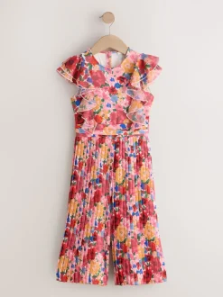 Pink Floral Short Sleeve Pleated Ruffle Jumpsuit (3-16yrs)