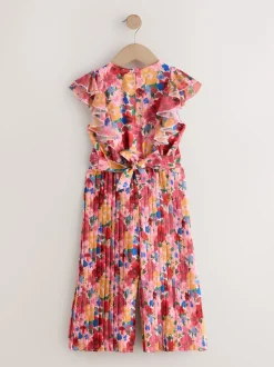 Pink Floral Short Sleeve Pleated Ruffle Jumpsuit (3-16yrs)