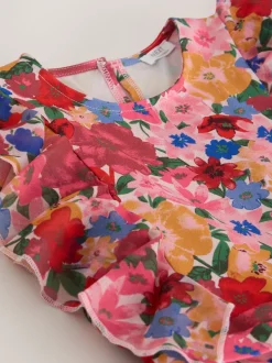 Pink Floral Short Sleeve Pleated Ruffle Jumpsuit (3-16yrs)