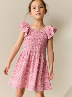 Pink Floral Smocked Frill Sleeve Dress (3-16yrs)