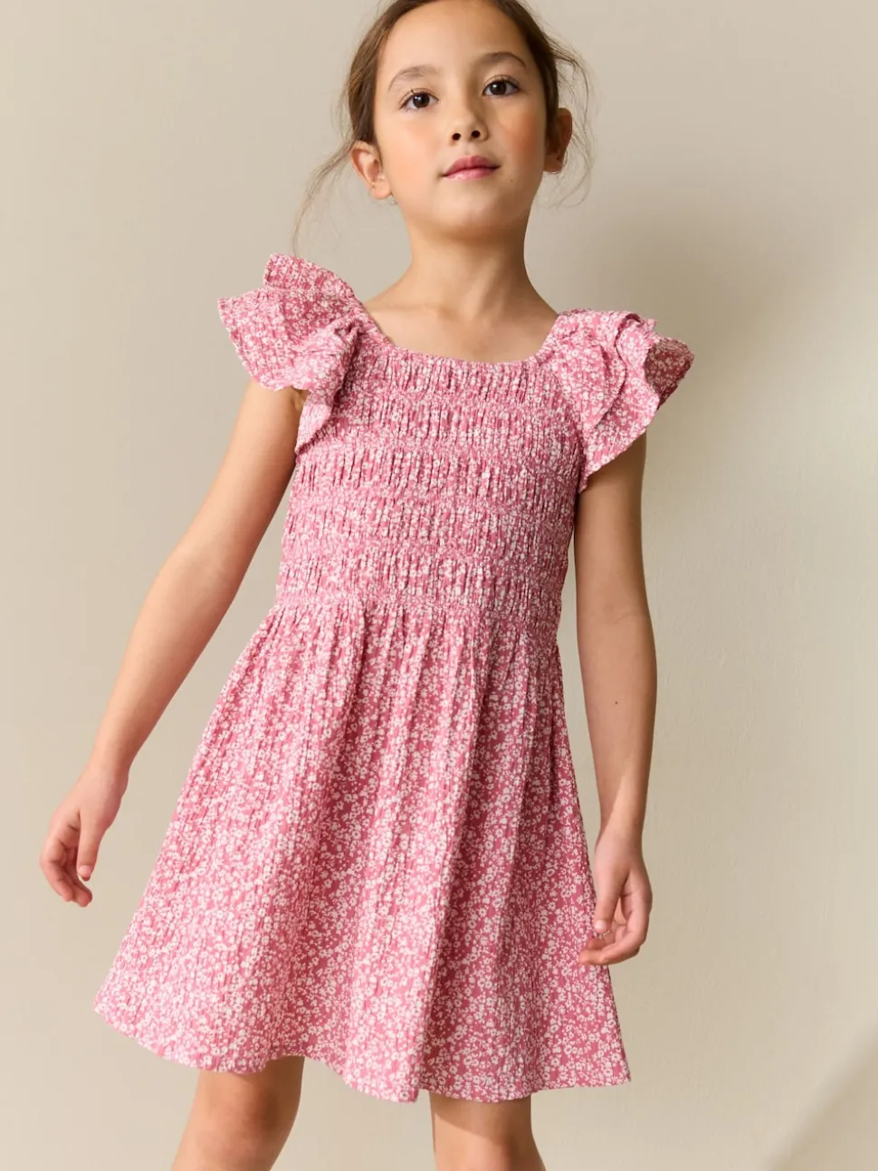 Pink Floral Smocked Frill Sleeve Dress (3-16yrs)