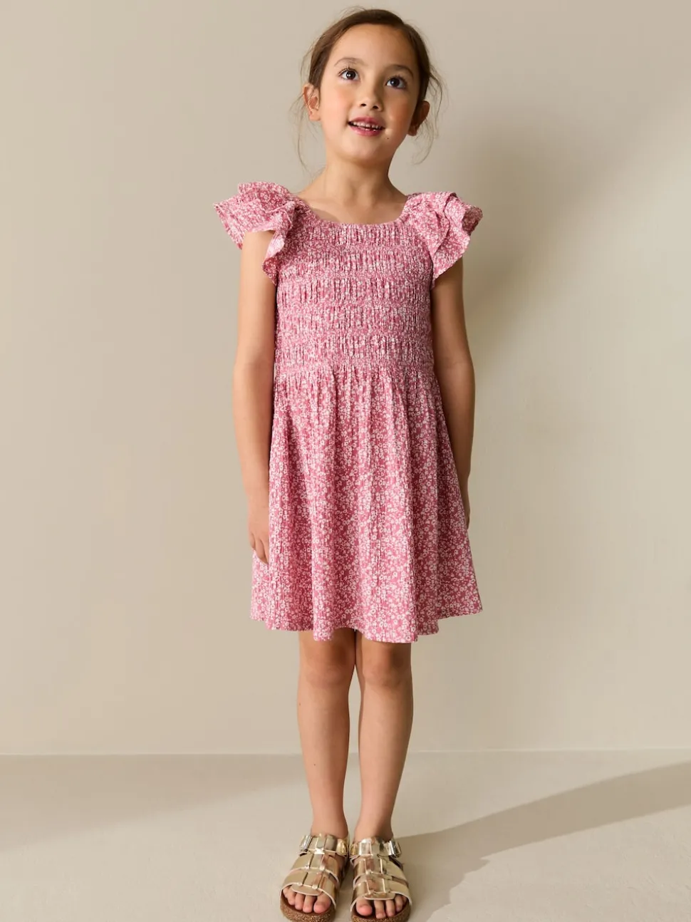 Pink Floral Smocked Frill Sleeve Dress (3-16yrs)