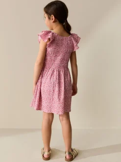 Pink Floral Smocked Frill Sleeve Dress (3-16yrs)