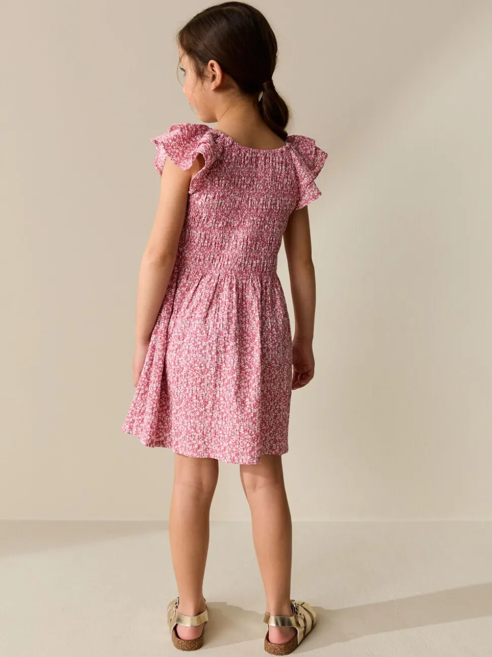 Pink Floral Smocked Frill Sleeve Dress (3-16yrs)