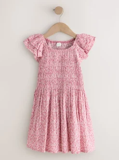 Pink Floral Smocked Frill Sleeve Dress (3-16yrs)