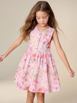 Pink Floral Stripe Short Sleeve Button Through Dress (3-16yrs)
