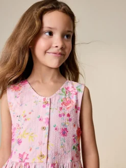Pink Floral Stripe Short Sleeve Button Through Dress (3-16yrs)