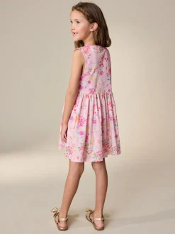 Pink Floral Stripe Short Sleeve Button Through Dress (3-16yrs)