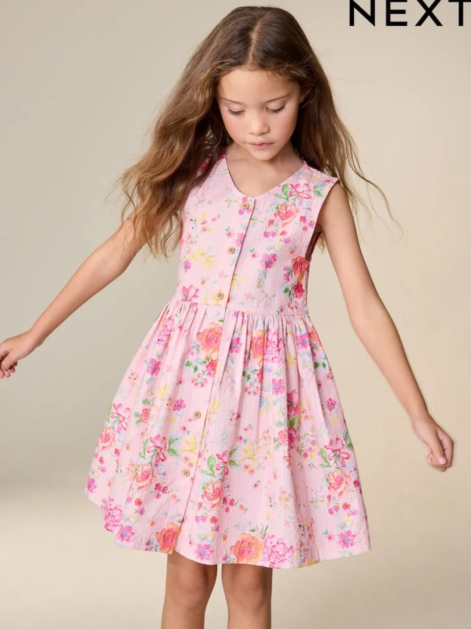 Pink Floral Stripe Short Sleeve Button Through Dress (3-16yrs)