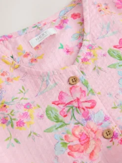 Pink Floral Stripe Short Sleeve Button Through Dress (3-16yrs)