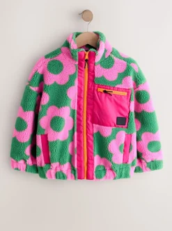 Pink/Green Flower Zip Up Borg Jacket (3-16yrs)