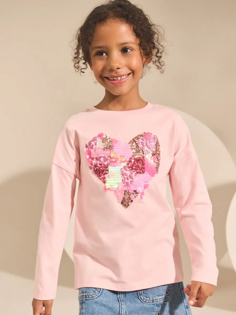 Pink Heart Long Sleeve Sequin Top (3-16yrs)