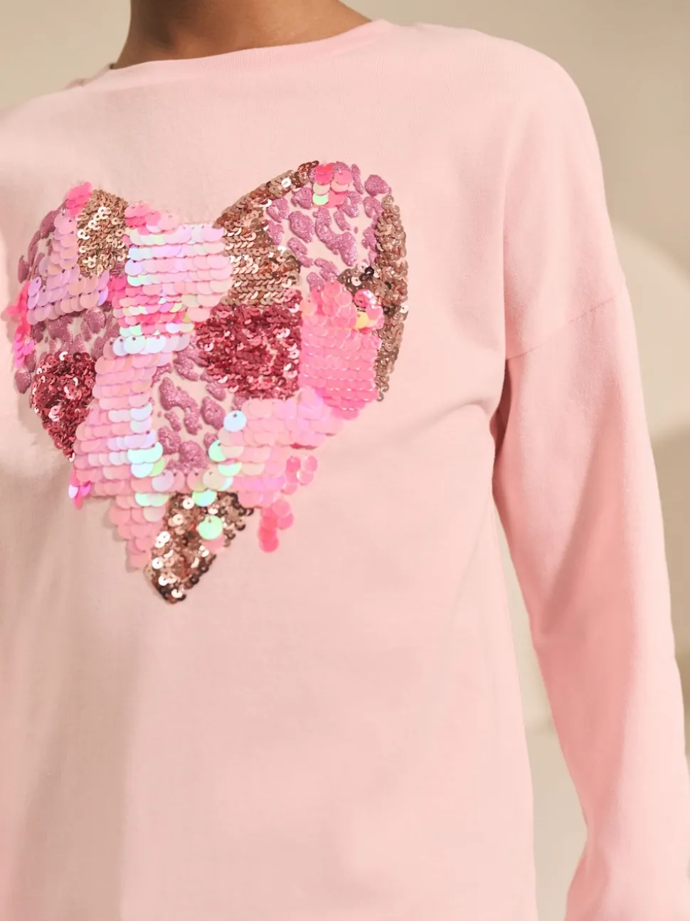 Pink Heart Long Sleeve Sequin Top (3-16yrs)