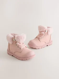 Pink Lace Up Faux Fur Lined Boots