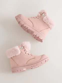 Pink Lace Up Faux Fur Lined Boots