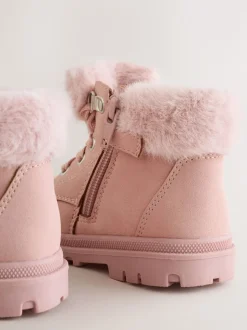 Pink Lace Up Faux Fur Lined Boots