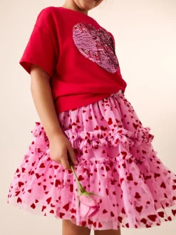Pink/Red Heart Pull On Mesh Skirt (3-16yrs)