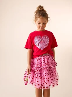 Pink/Red Heart Pull On Mesh Skirt (3-16yrs)