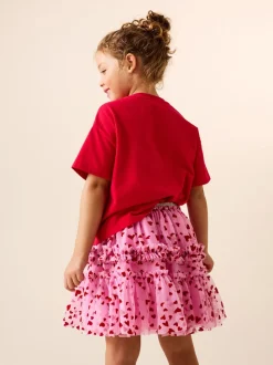 Pink/Red Heart Pull On Mesh Skirt (3-16yrs)