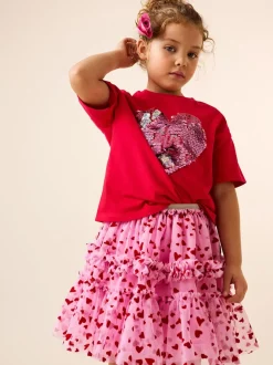 Pink/Red Heart Pull On Mesh Skirt (3-16yrs)