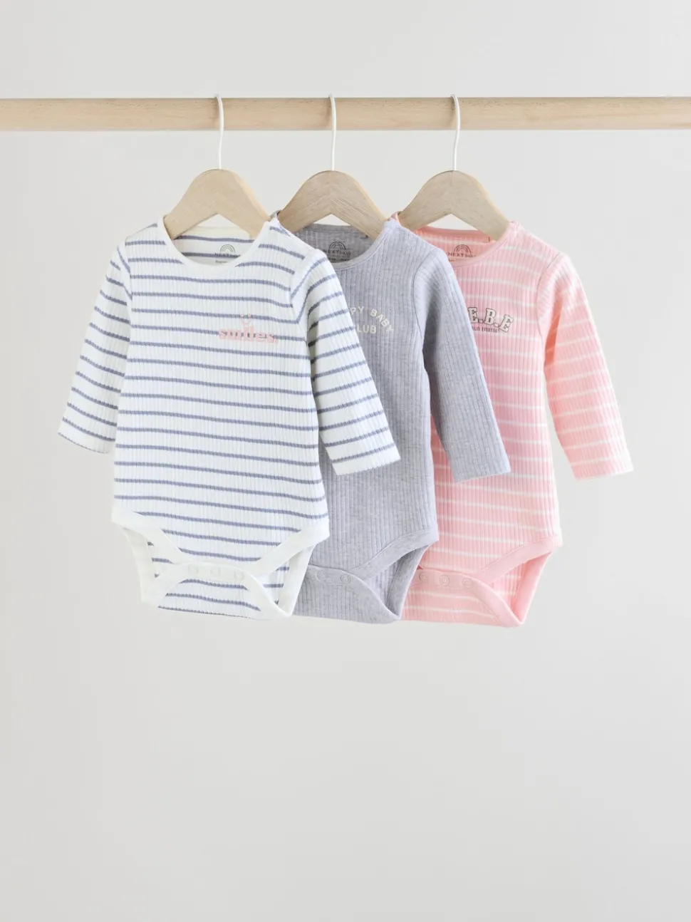 Pink Slogan 3 Pack Long Sleeve Baby Bodysuits