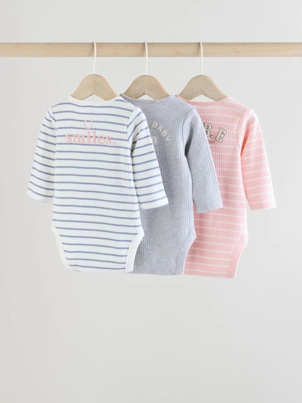 Pink Slogan 3 Pack Long Sleeve Baby Bodysuits