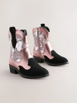 Pink Snake Print Western Ankle Boots