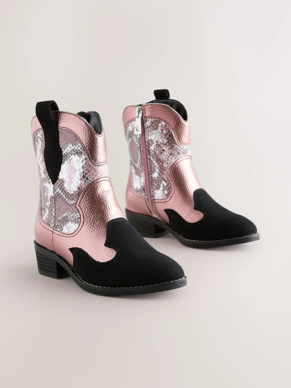 Pink Snake Print Western Ankle Boots