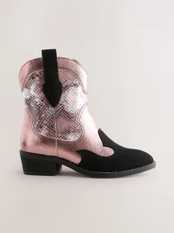 Pink Snake Print Western Ankle Boots