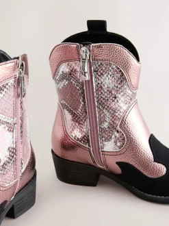 Pink Snake Print Western Ankle Boots