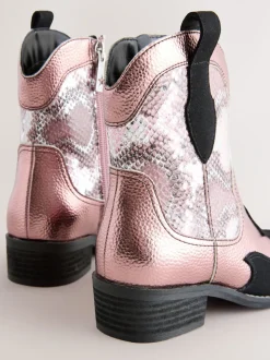 Pink Snake Print Western Ankle Boots