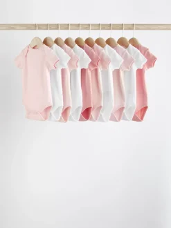 Pink/White 10 Pack Essential Short Sleeve Baby Bodysuits